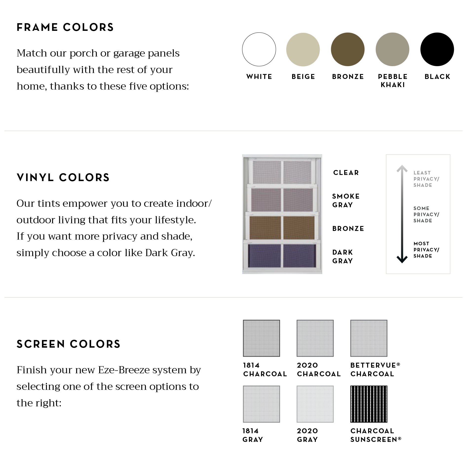 image shows frame, vinyl and screen colors for EZE Breeze windows and doors